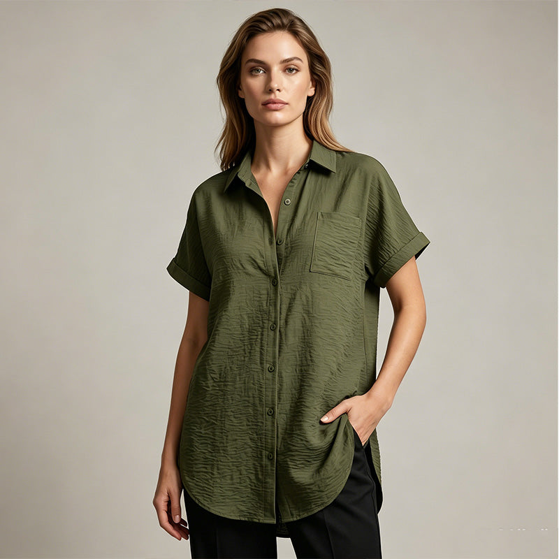 Women's Casual Longline Short Sleeve Blouse with Lapel Collar