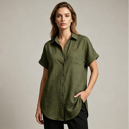 Women's Casual Longline Short Sleeve Blouse with Lapel Collar