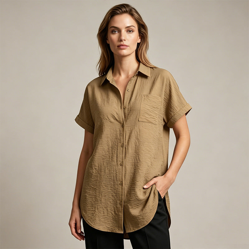 Women's Casual Longline Short Sleeve Blouse with Lapel Collar