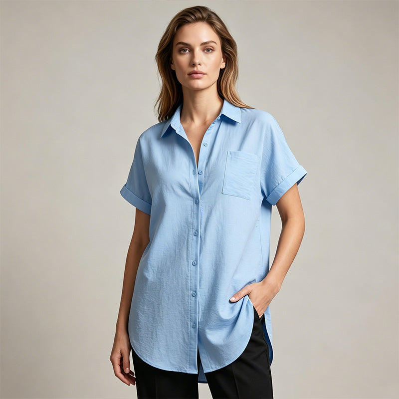 Women's Casual Longline Short Sleeve Blouse with Lapel Collar