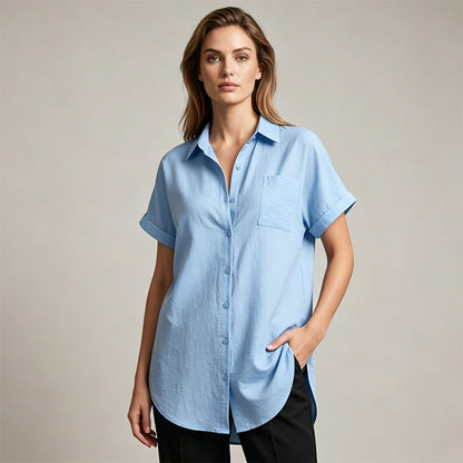 Women's Casual Longline Short Sleeve Blouse with Lapel Collar