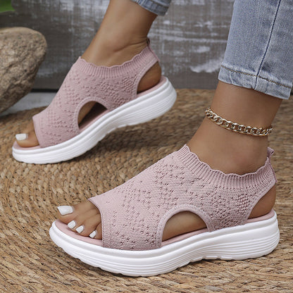 👡Damen Plateau-Sandalen aus atmungsaktivem Strickgewebe – Schlupf-Slipper mit dämpfender Sohle für Sommer, Alltag & Spaziergang