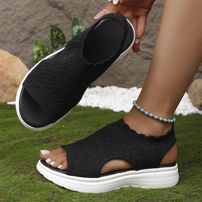 👡Damen Plateau-Sandalen aus atmungsaktivem Strickgewebe – Schlupf-Slipper mit dämpfender Sohle für Sommer, Alltag & Spaziergang
