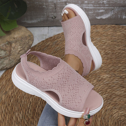 👡Damen Plateau-Sandalen aus atmungsaktivem Strickgewebe – Schlupf-Slipper mit dämpfender Sohle für Sommer, Alltag & Spaziergang