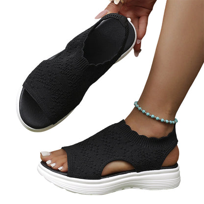 👡Damen Plateau-Sandalen aus atmungsaktivem Strickgewebe – Schlupf-Slipper mit dämpfender Sohle für Sommer, Alltag & Spaziergang
