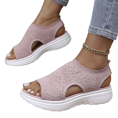 👡Damen Plateau-Sandalen aus atmungsaktivem Strickgewebe – Schlupf-Slipper mit dämpfender Sohle für Sommer, Alltag & Spaziergang