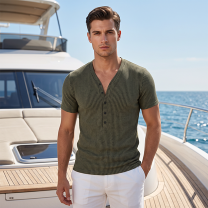 🔥 54% RABATT! 👕 Herren V-Ausschnitt T-Shirt mit Strukturstoff ✨ Zweifarbiges Streifen-Design, Bequeme Passform & Perfekt für Alltag und Freizeit