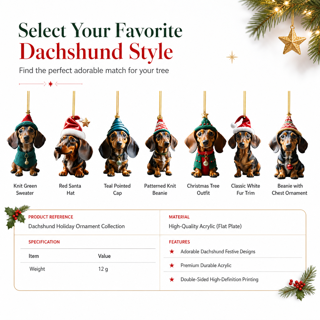 Christbaumschmuck Dackel im 7er-Set – Acryl-Anhänger, doppelseitig bedruckt