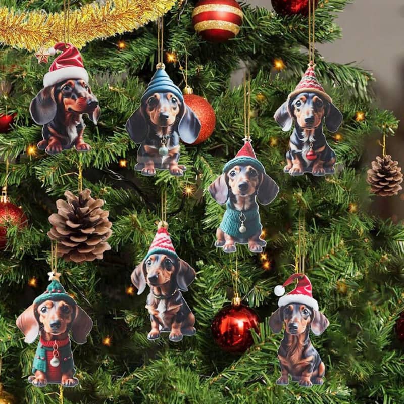 Christbaumschmuck Dackel im 7er-Set – Acryl-Anhänger, doppelseitig bedruckt