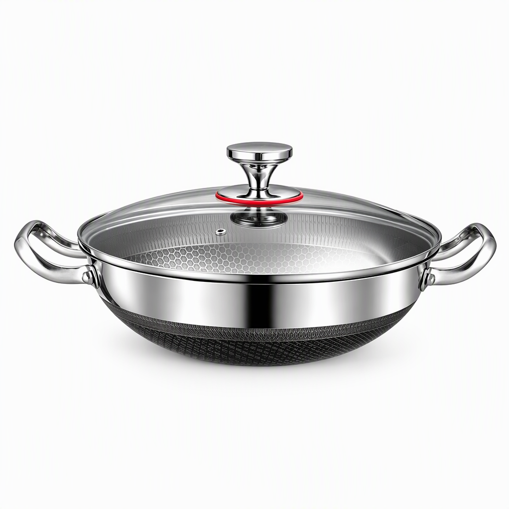 316L Edelstahl-Wok & Pfanne mit Honigwabenstruktur, verschiedene Größen, flacher oder runder Boden, inkl. Deckel