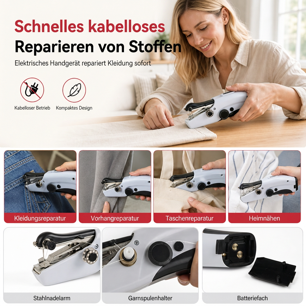 Mini elektrische Handnähmaschine – tragbar, akkubetrieben, für schnelle Reparaturen zu Hause oder unterwegs