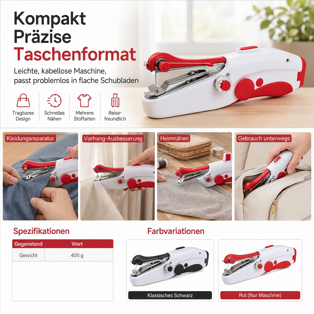 Mini elektrische Handnähmaschine – tragbar, akkubetrieben, für schnelle Reparaturen zu Hause oder unterwegs