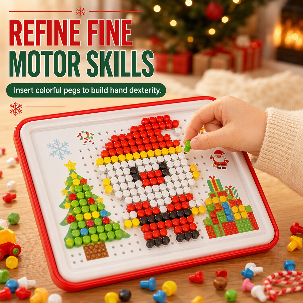Kinder Weihnachts-3D-Mosaik-Spielset mit bunten Pilznägeln und Motivkarten
