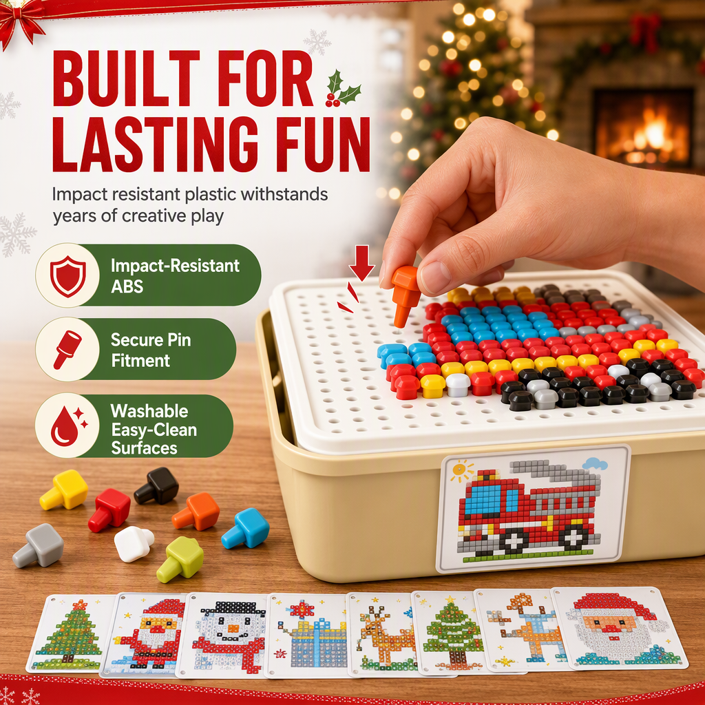 Kinder Weihnachts-3D-Mosaik-Spielset mit bunten Pilznägeln und Motivkarten